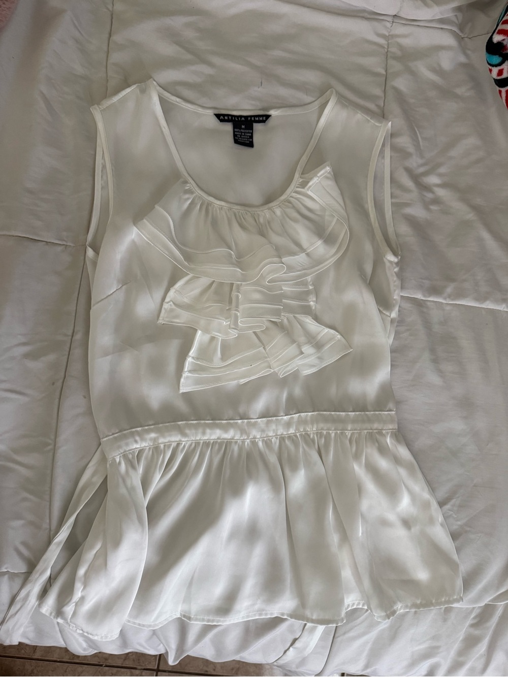 Antilia Femme White Ruffle Peplum Sleeveless Blouse
